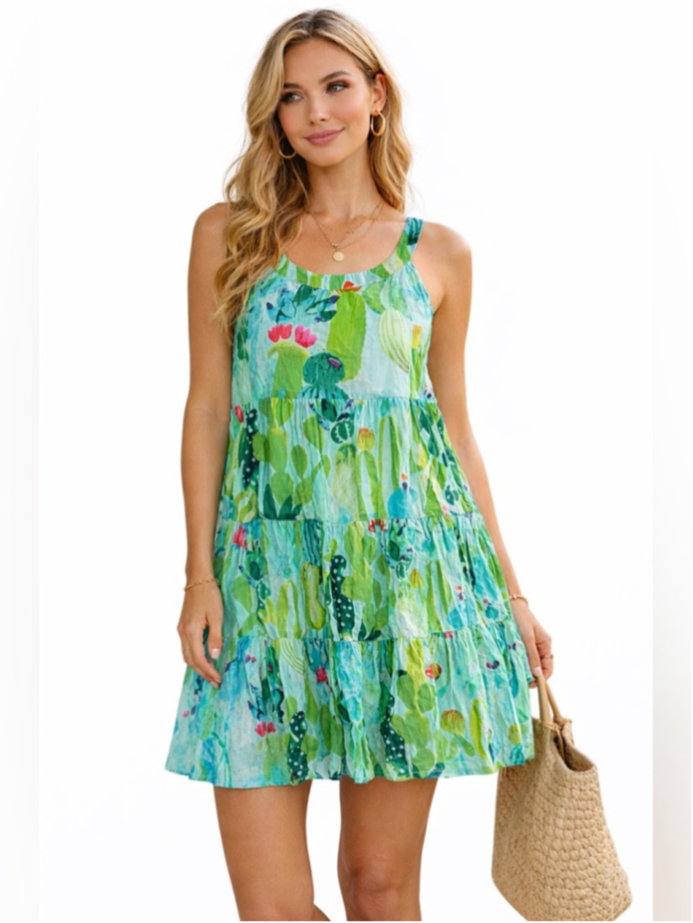 One Summer Green Botanical Tiered Mini Dress Lightweight Cotton Resort Style